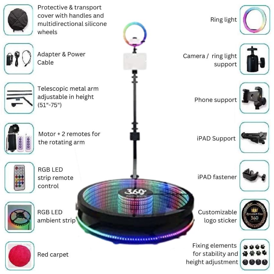 360 Photo Booth PRO – 100cm AUTOMATIC Infinity Mirror (360 camera booth, 360 video booth)