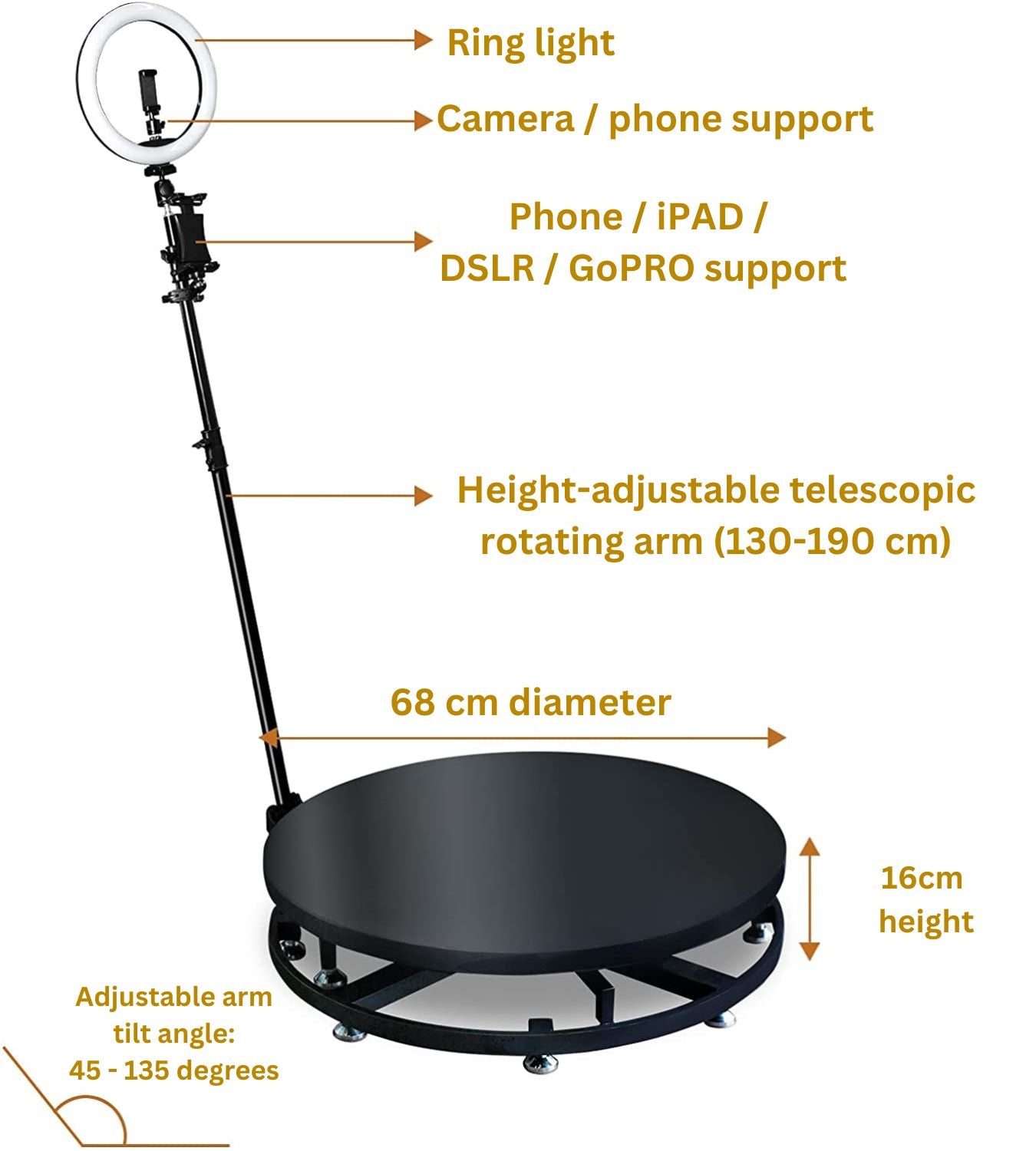 360 Photo Booth PRO – 68cm AUTOMATIC Metal Round Shape (360 camera booth, 360 video booth)