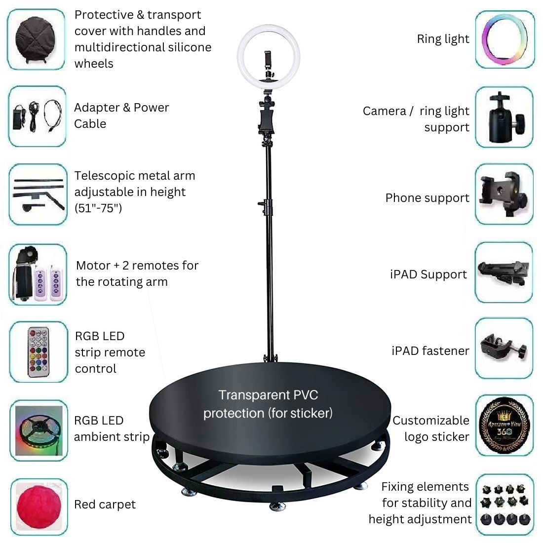 360 Photo Booth PRO – 100cm AUTOMATIC Metal Round Shape (360 camera booth, 360 video booth)